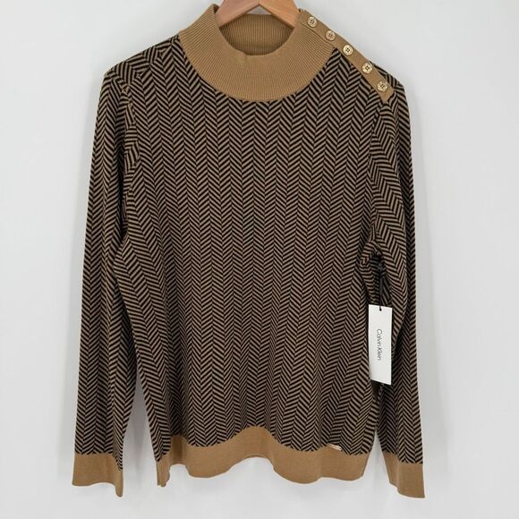 Calvin Klein Chevron Mock Neck Button Detail Sweater Camel Black Women Large NWT - Picture 1 of 8